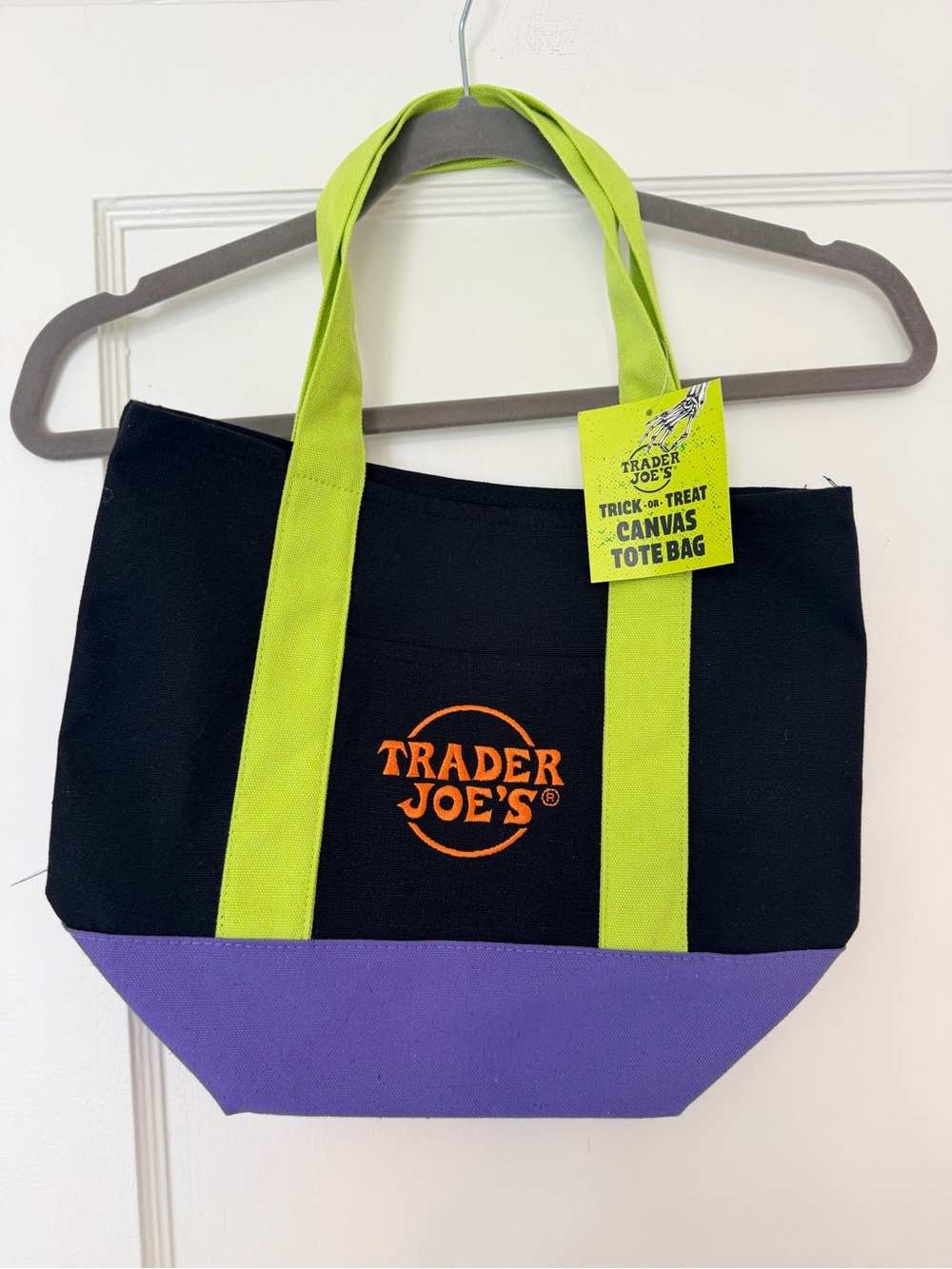 Trader Joe's Kids Canvas Tote Bag in Black with Lime Handles and Purple Base